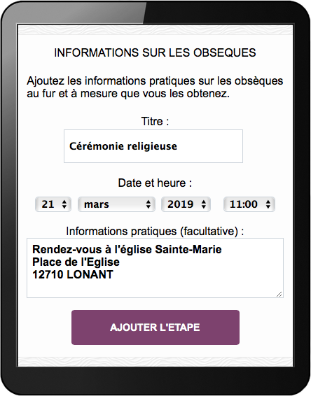 Ajouter le titre de l'étape des obsèques, la date, l'heure et le lieu