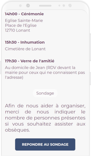 Exemple de faire-part de décès en ligne avec un sondage pour savoir combien de personnes viendront aux obsèques