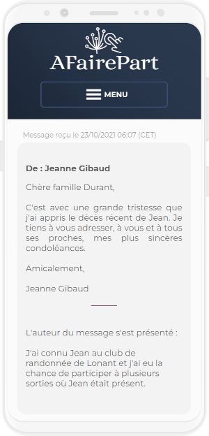 Exemple de message de condoléances dans lequel l'auteur du message s'est présenté