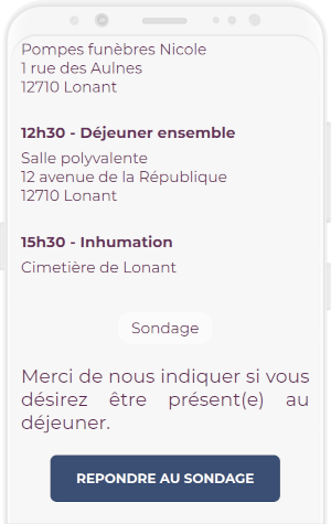 Faire-part de décès en ligne avec le texte de présentation du sondage personnalisé