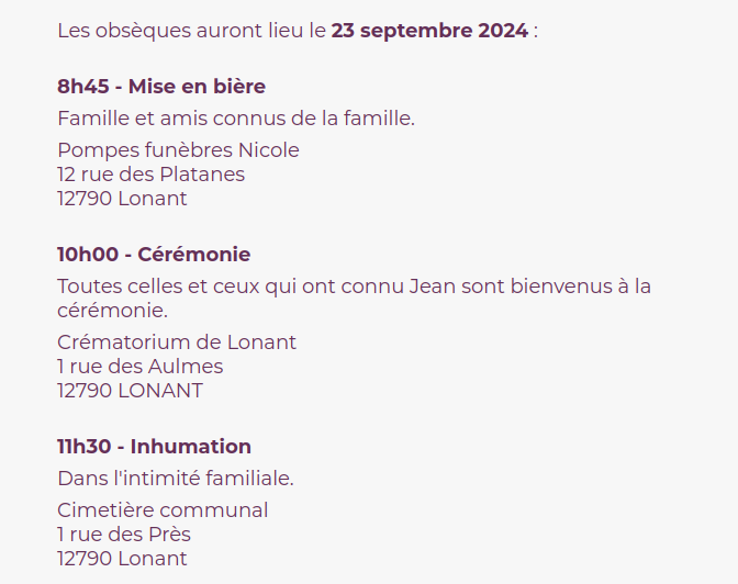 Indiquer les jour, heure et lieu des obsèques