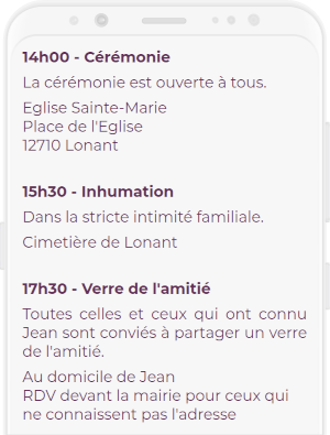 Précisez qui est attendu à chaque étape des obsèques sur le faire-part de décès en ligne